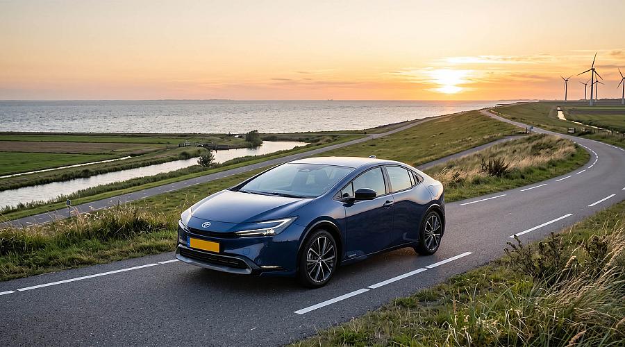 hybride auto rijdt over een dijk